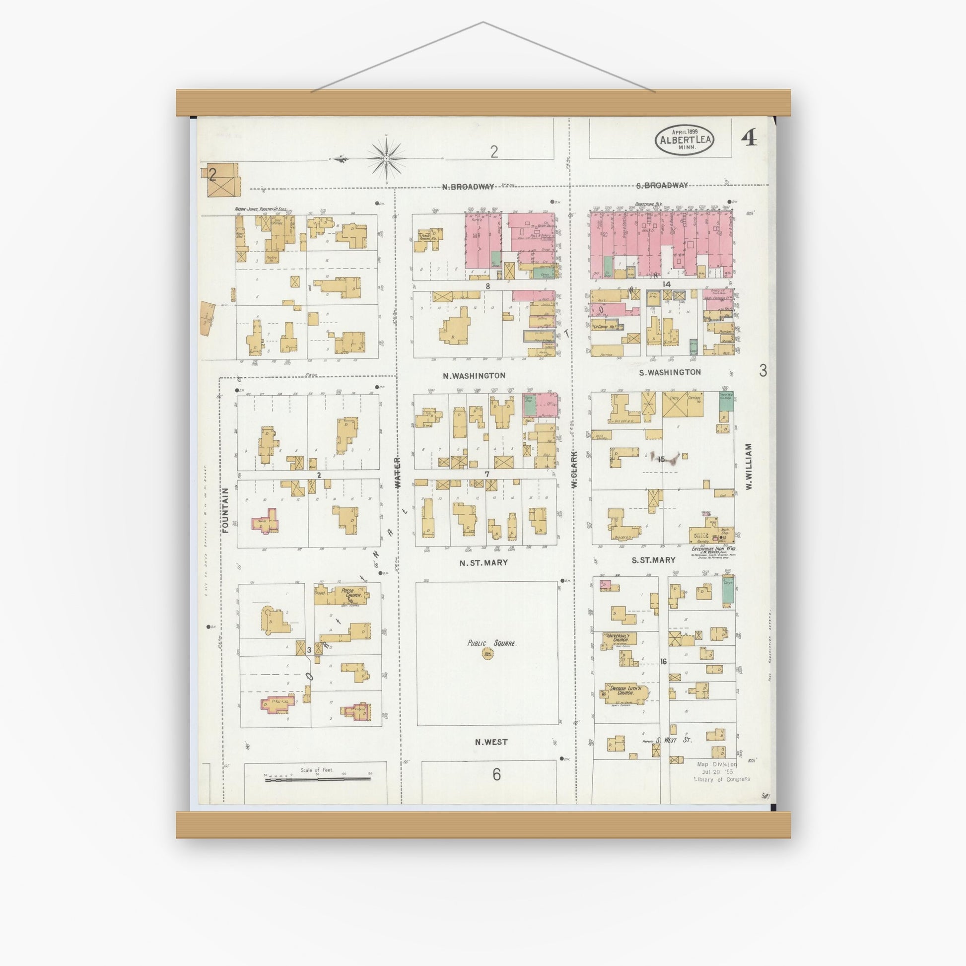 Old map wall art mockup — magnetic wood frame on white wall — Sanborn Fire Insurance Map from Albert Lea, Freeborn County, Minnesota (1899), Sheet #0004