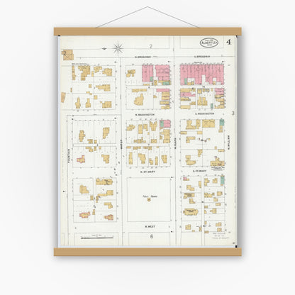 Old map wall art mockup — magnetic wood frame on white wall — Sanborn Fire Insurance Map from Albert Lea, Freeborn County, Minnesota (1899), Sheet #0004