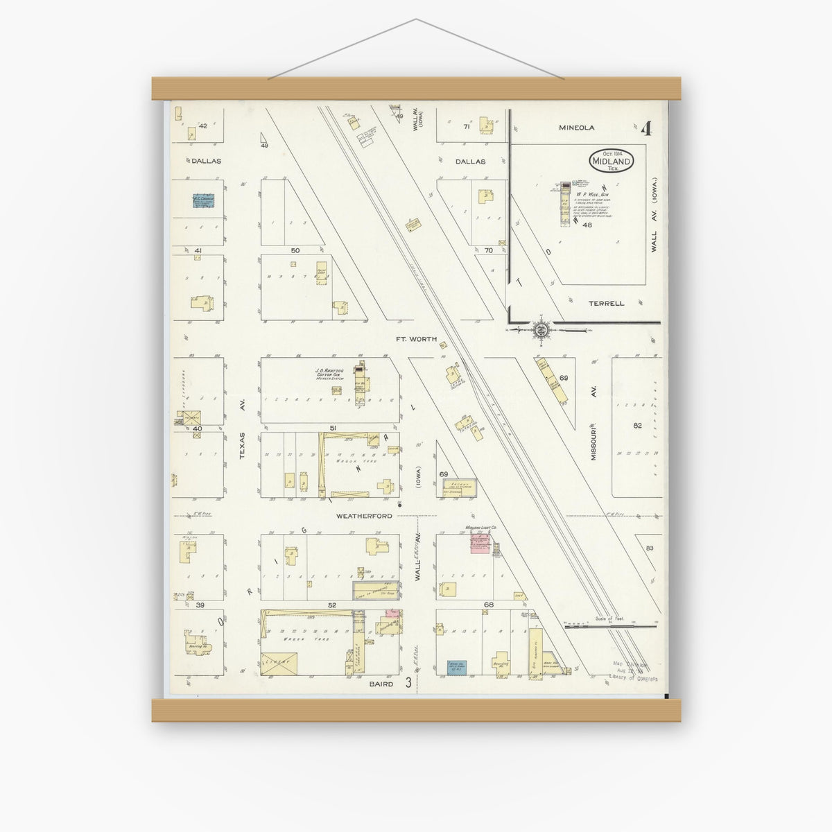 Old map wall art mockup — magnetic wood frame on white wall — Sanborn Fire Insurance Map from Midland, Midland County, Texas (1914), Sheet #0004