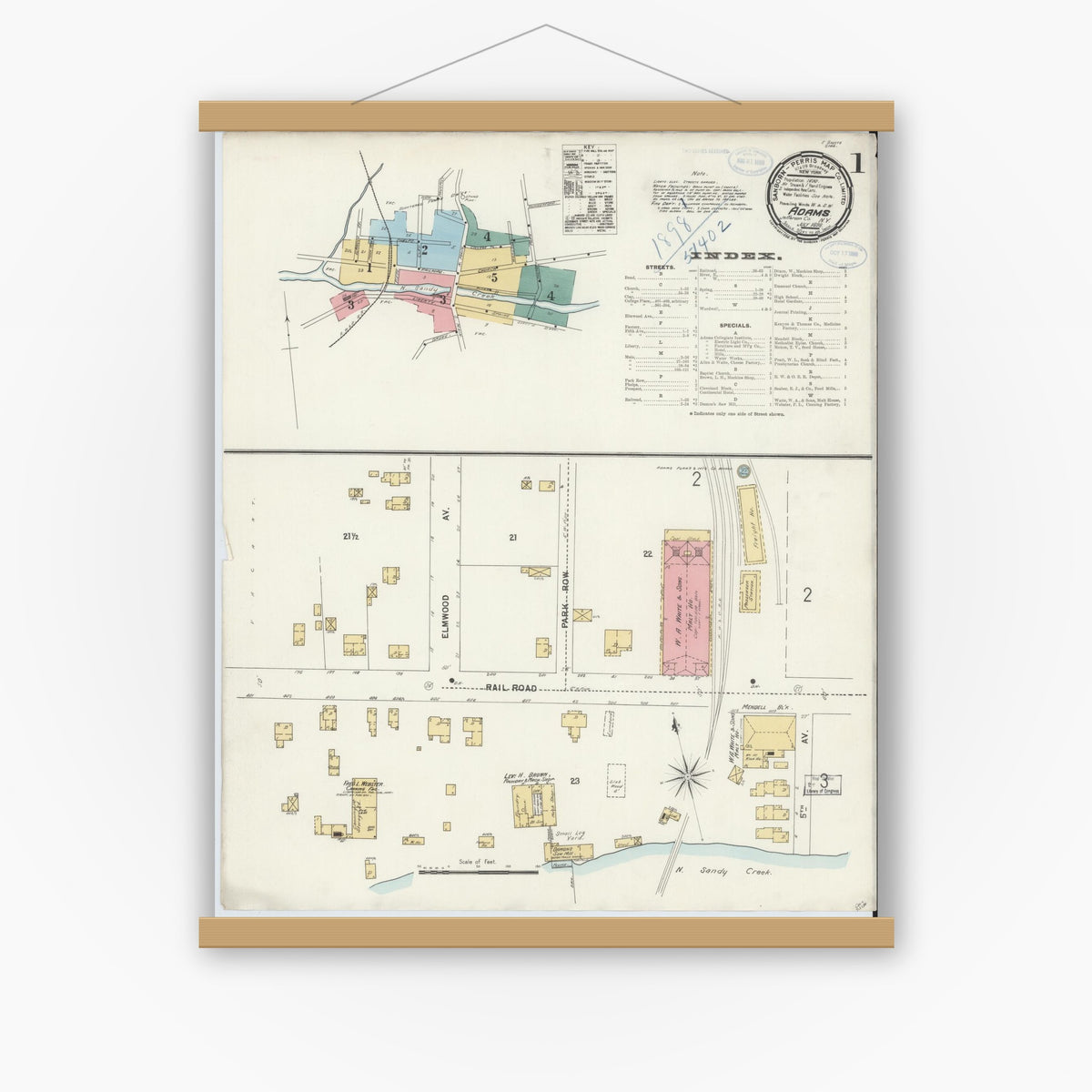Old map wall art mockup — magnetic wood frame on white wall — Sanborn Fire Insurance Map from Adams, Jefferson County, New York (1898) - Complete Map Set