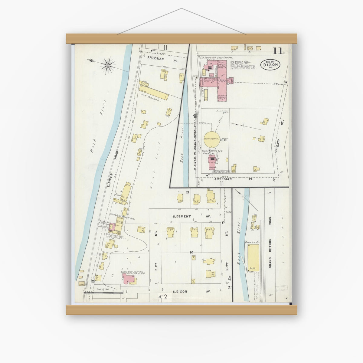 Old map wall art mockup — magnetic wood frame on white wall — Sanborn Fire Insurance Map from Dixon, Lee County, Illinois (1897), Sheet #0011