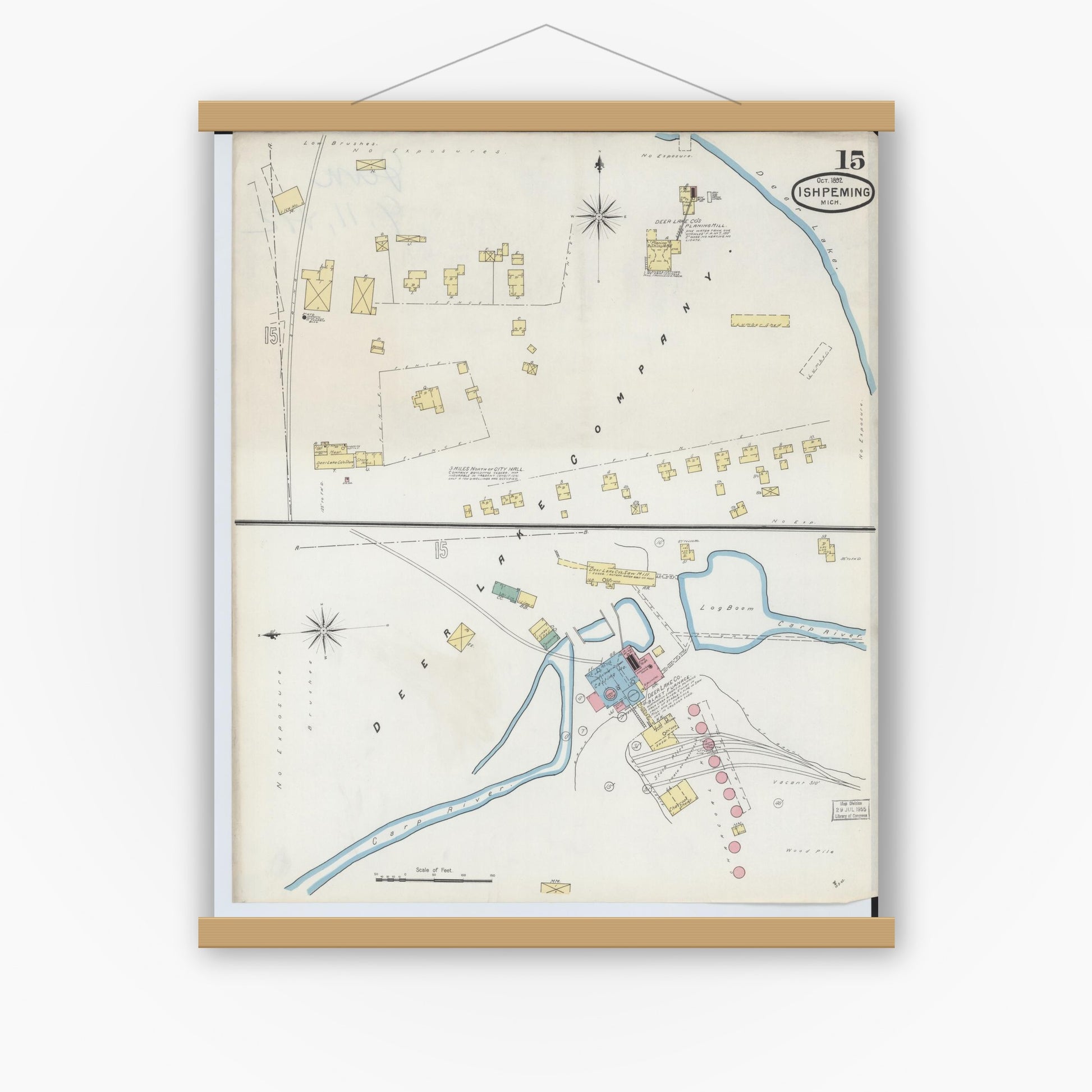 Old map wall art mockup — magnetic wood frame on white wall — Sanborn Fire Insurance Map from Ishpeming, Marquette County, Michigan (1892), Sheet #0015