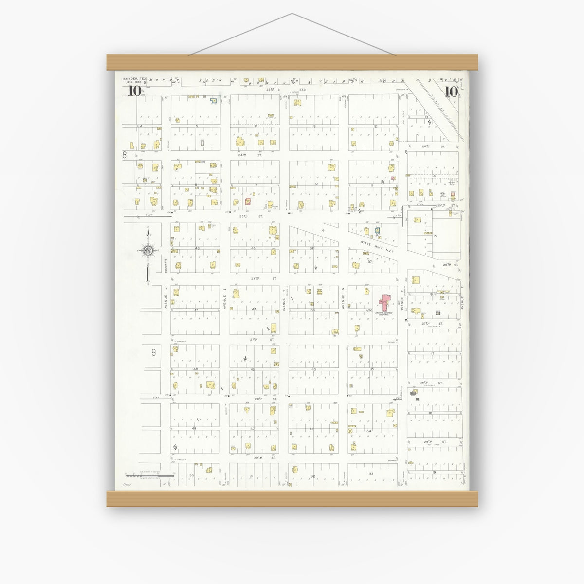 Old map wall art mockup — magnetic wood frame on white wall — Sanborn Fire Insurance Map from Snyder, Scurry County, Texas (1936), Sheet #0010