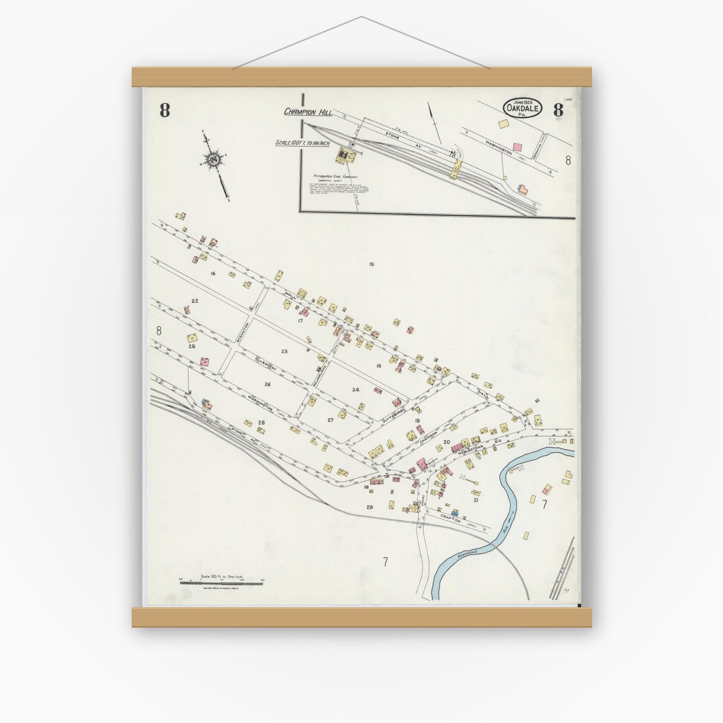 Old map wall art mockup — magnetic wood frame on white wall — Sanborn Fire Insurance Map from Oakdale, Allegheny County, Pennsylvania (1924), Sheet #0008