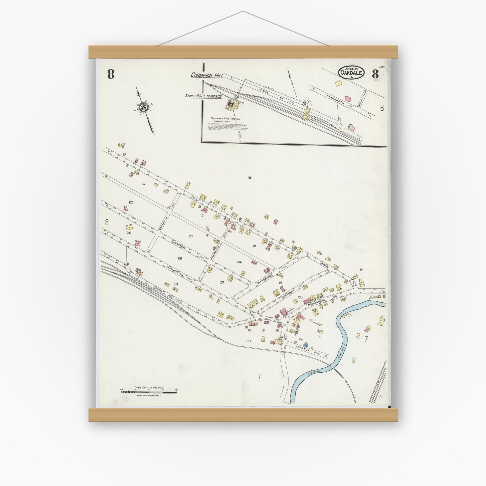 Old map wall art mockup — magnetic wood frame on white wall — Sanborn Fire Insurance Map from Oakdale, Allegheny County, Pennsylvania (1924), Sheet #0008