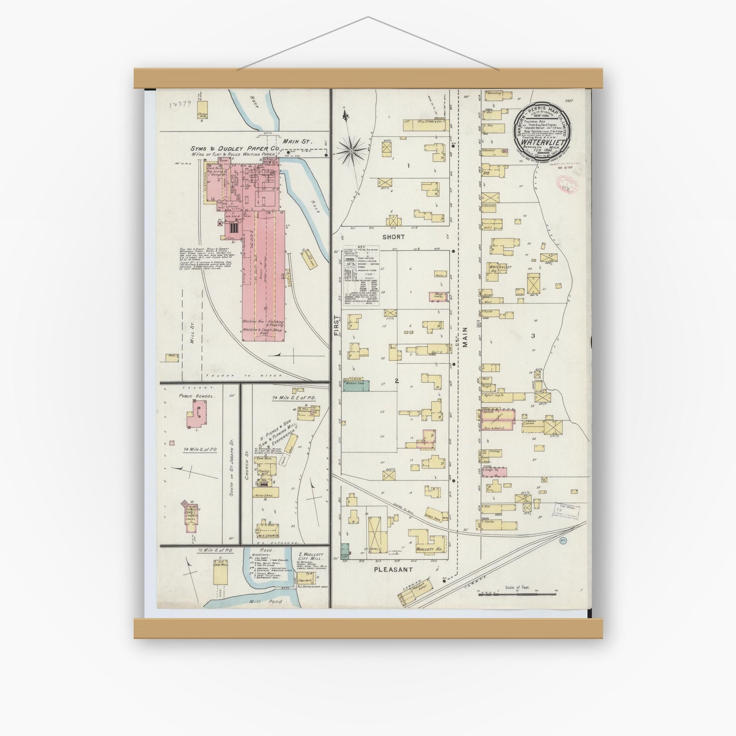 Old map wall art mockup — magnetic wood frame on white wall — Sanborn Fire Insurance Map from Watervliet, Berrien County, Michigan (1895), Sheet #0001