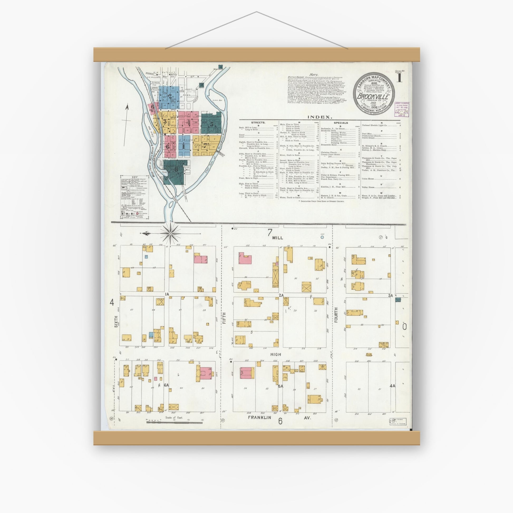 Old map wall art mockup — magnetic wood frame on white wall — Sanborn Fire Insurance Map from Brookville, Franklin County, Indiana (1906) - Complete Map Set