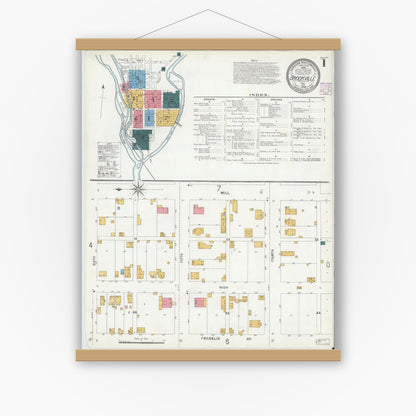 Old map wall art mockup — magnetic wood frame on white wall — Sanborn Fire Insurance Map from Brookville, Franklin County, Indiana (1906) - Complete Map Set