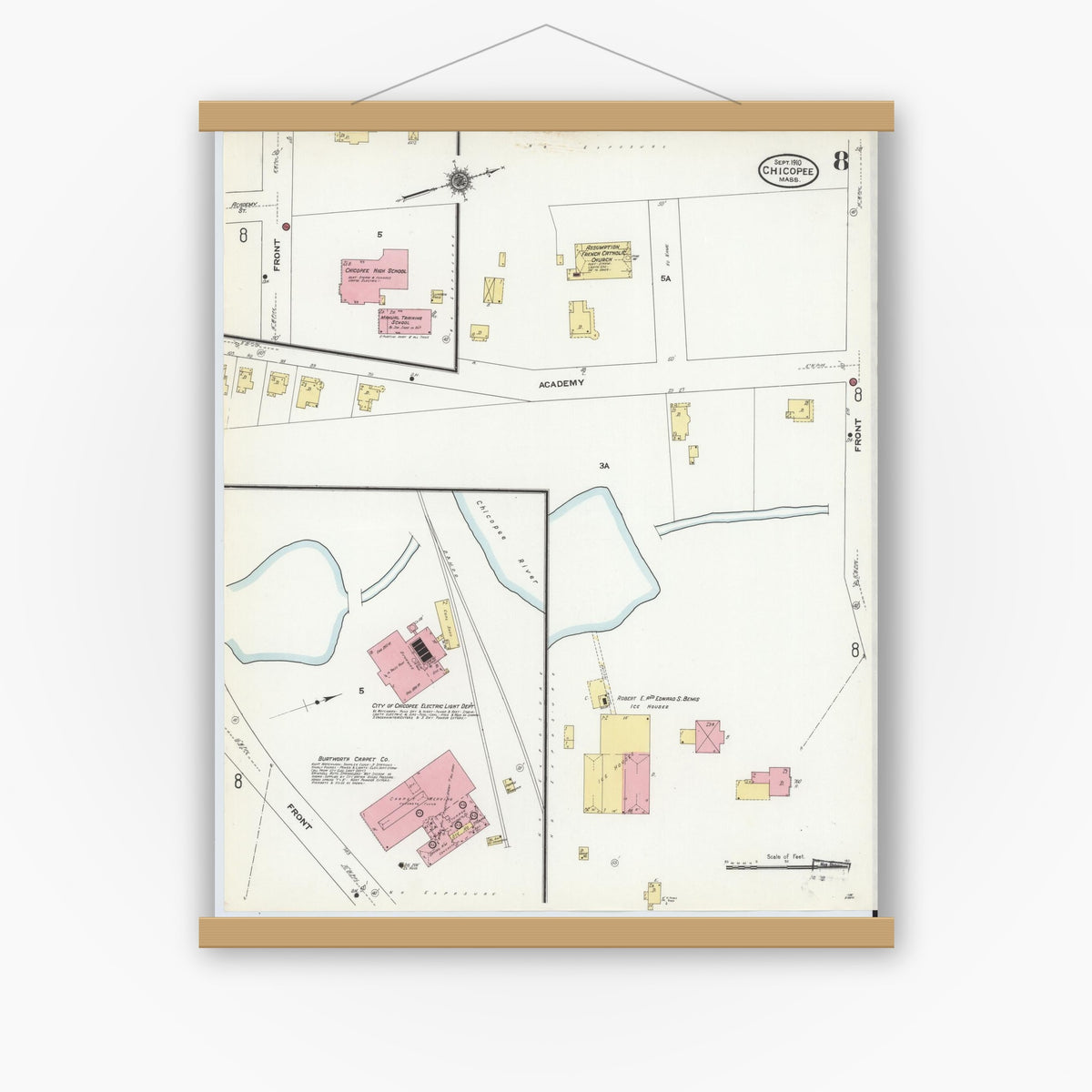 Old map wall art mockup — magnetic wood frame on white wall — Sanborn Fire Insurance Map from Chicopee, Hampden County, Massachusetts (1910), Sheet #0008