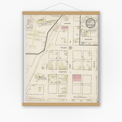 Old map wall art mockup — magnetic wood frame on white wall — Sanborn Fire Insurance Map from Queen City, Cass County, Texas (1885), Sheet #0001