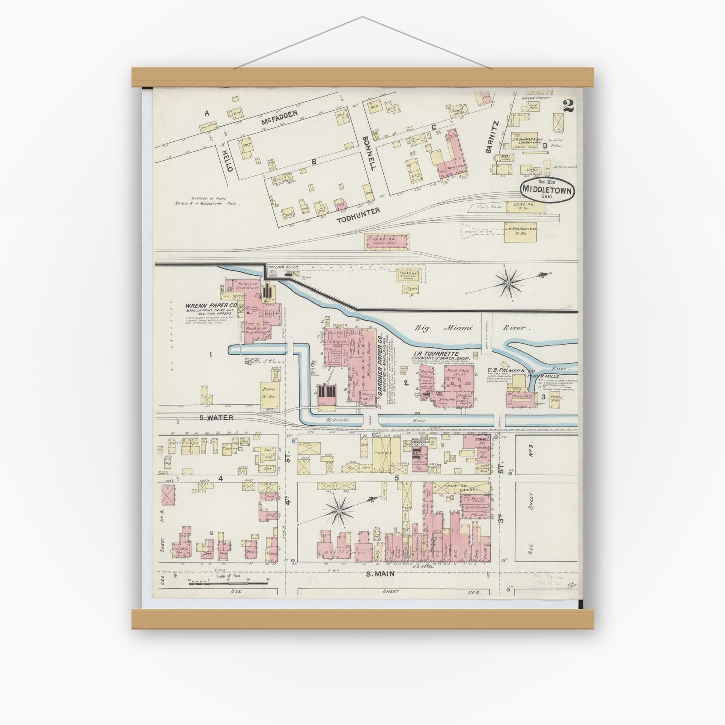 Old map wall art mockup — magnetic wood frame on white wall — Sanborn Fire Insurance Map from Middletown, Butler County, Ohio (1890), Sheet #0002