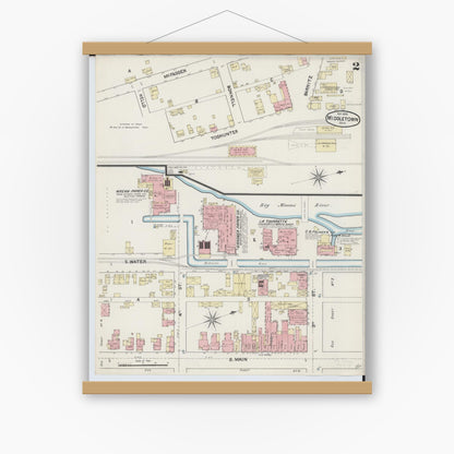 Old map wall art mockup — magnetic wood frame on white wall — Sanborn Fire Insurance Map from Middletown, Butler County, Ohio (1890), Sheet #0002