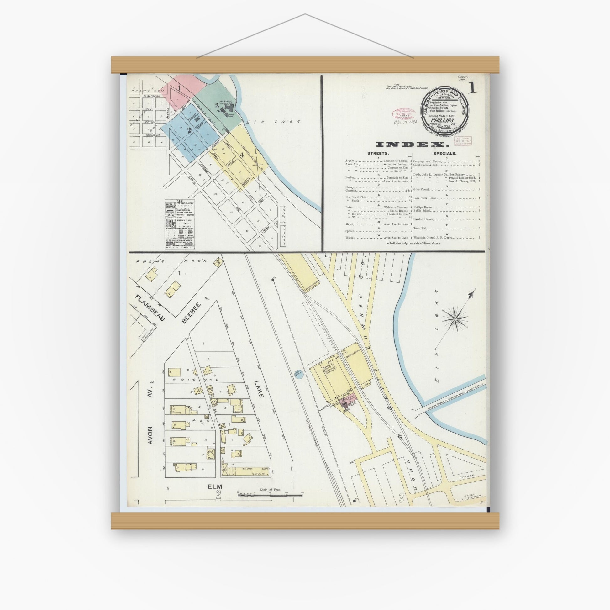 Old map wall art mockup — magnetic wood frame on white wall — Sanborn Fire Insurance Map from Phillips, Price County, Wisconsin (1893) - Complete Map Set