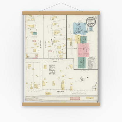 Old map wall art mockup — magnetic wood frame on white wall — Sanborn Fire Insurance Map from Rocky Mount, Edgecombe And Nash Counties, North Carolina (1896) - Complete Map Set