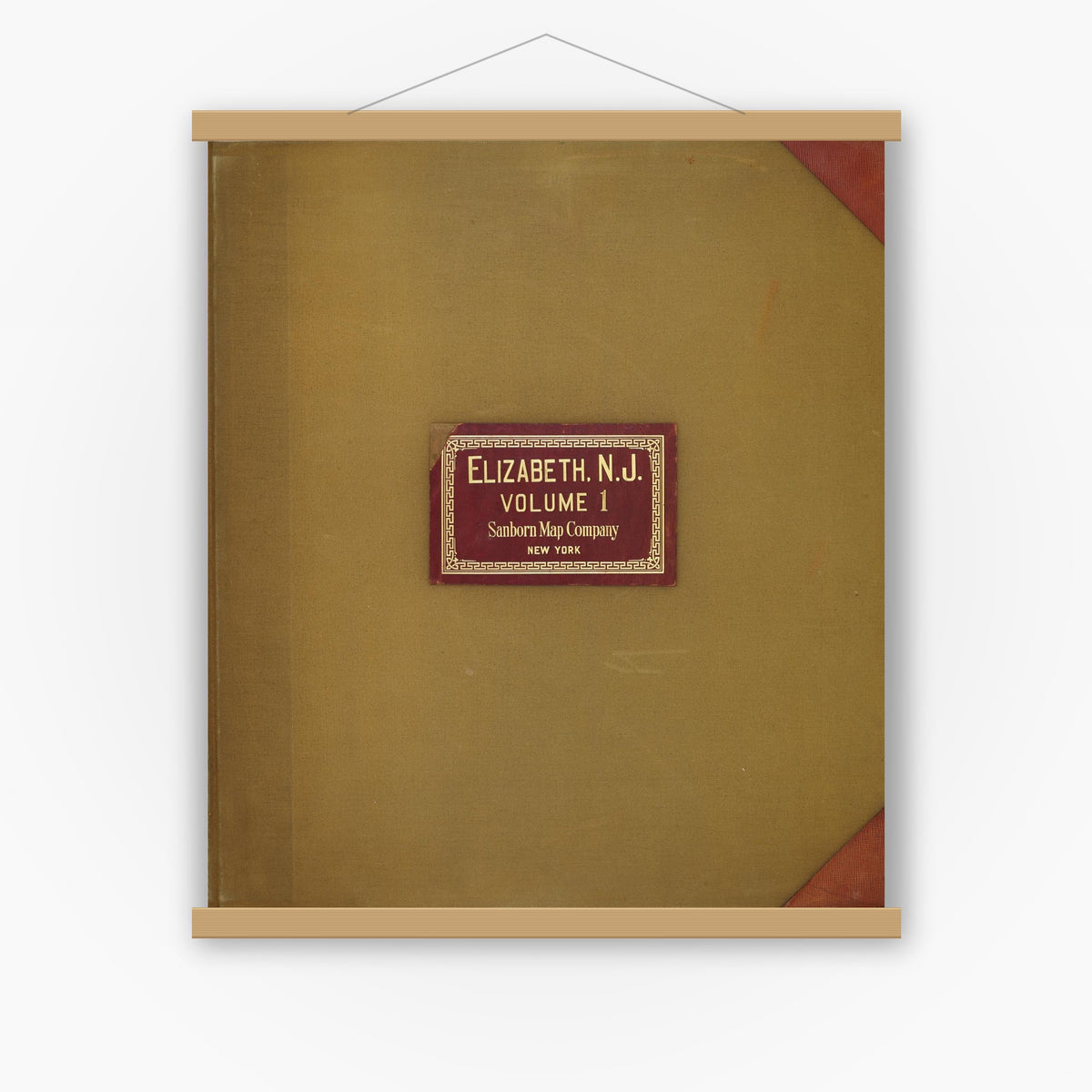 Old map wall art mockup — magnetic wood frame on white wall — Sanborn Fire Insurance Map from Elizabeth, Union County, New Jersey (1950), Sheet #0001