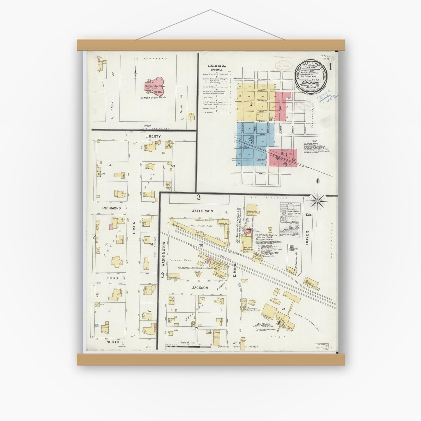 Old map wall art mockup — magnetic wood frame on white wall — Sanborn Fire Insurance Map from Bourbon, Marshall County, Indiana (1899) - Complete Map Set