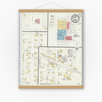Old map wall art mockup — magnetic wood frame on white wall — Sanborn Fire Insurance Map from Bourbon, Marshall County, Indiana (1899) - Complete Map Set