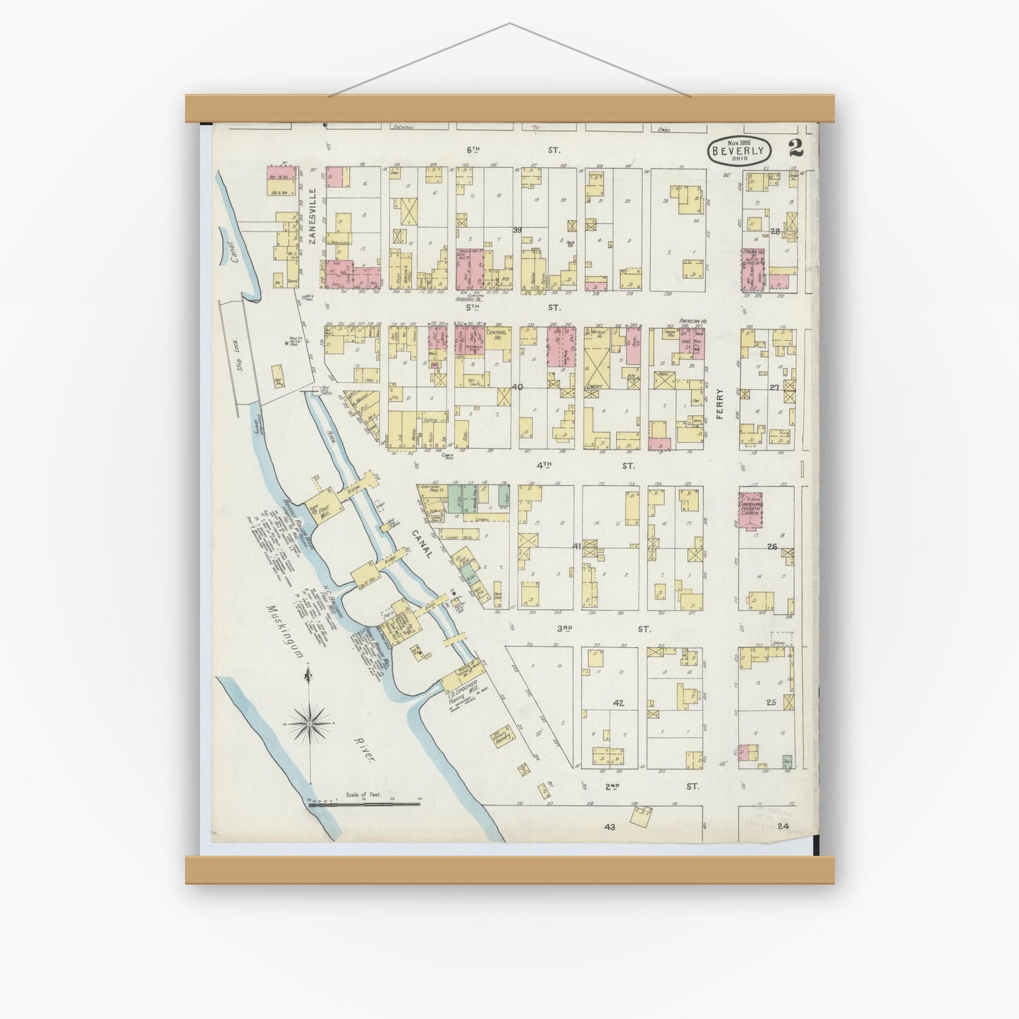 Old map wall art mockup — magnetic wood frame on white wall — Sanborn Fire Insurance Map from Beverly, Washington County, Ohio (1895), Sheet #0002