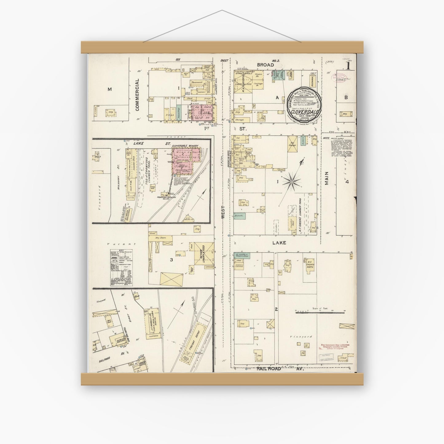 Old map wall art mockup — magnetic wood frame on white wall — Sanborn Fire Insurance Map from Cloverdale, Sonoma County, California (1888) - Complete Map Set