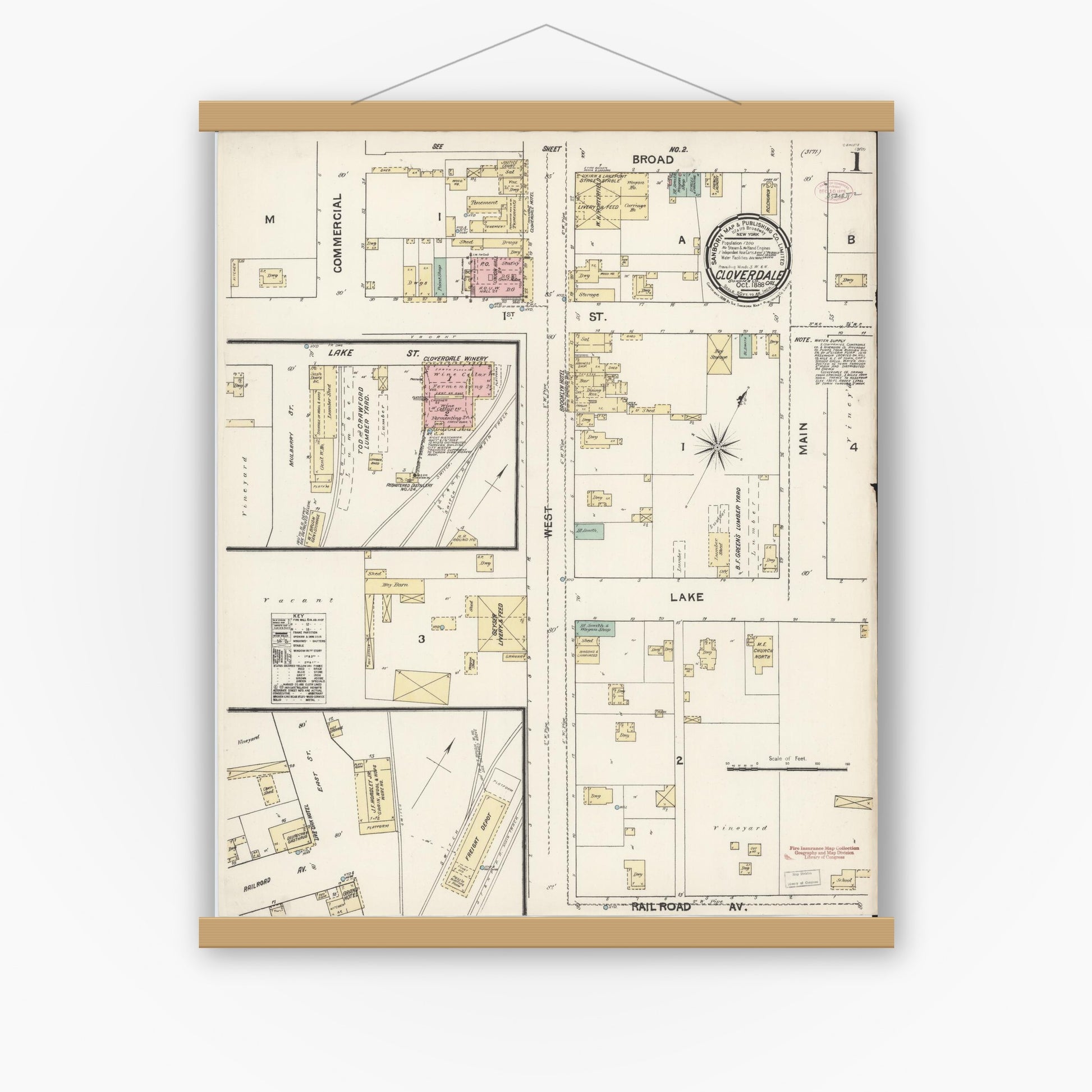 Old map wall art mockup — magnetic wood frame on white wall — Sanborn Fire Insurance Map from Cloverdale, Sonoma County, California (1888) - Complete Map Set