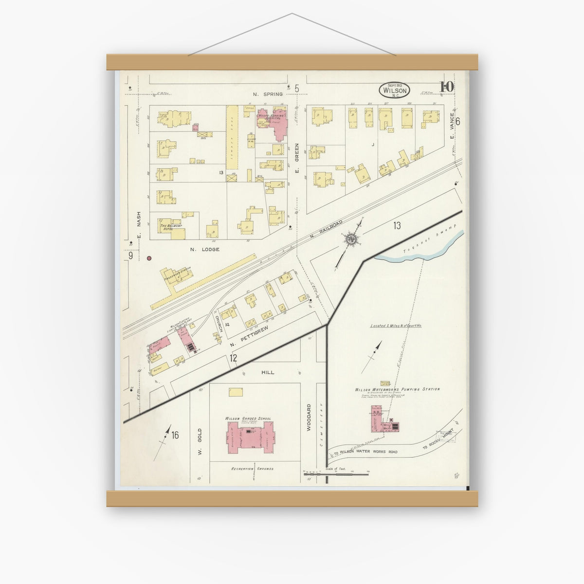 Old map wall art mockup — magnetic wood frame on white wall — Sanborn Fire Insurance Map from Wilson, Wilson County, North Carolina (1913), Sheet #0010
