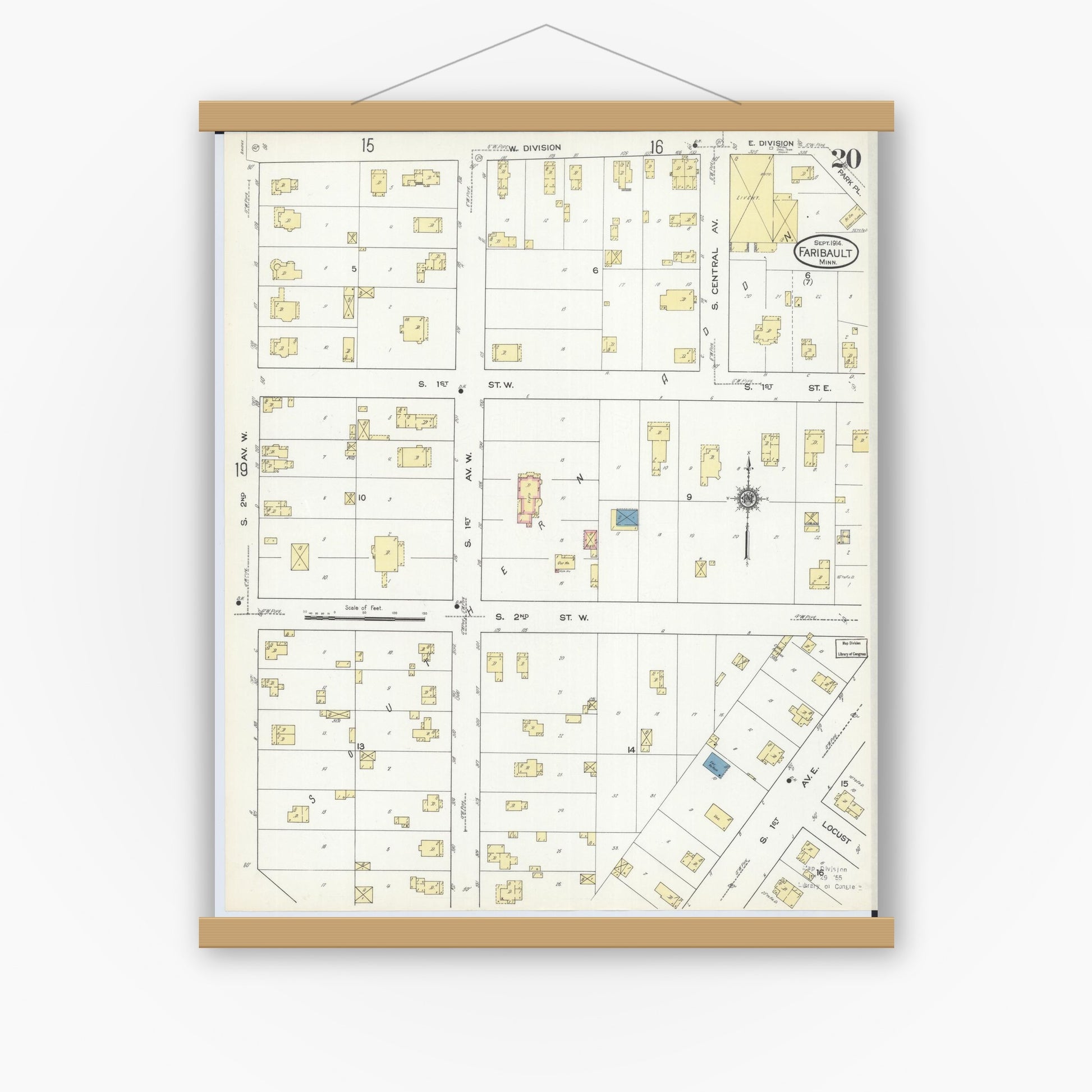 Old map wall art mockup — magnetic wood frame on white wall — Sanborn Fire Insurance Map from Faribault, Rice County, Minnesota (1914), Sheet #0020