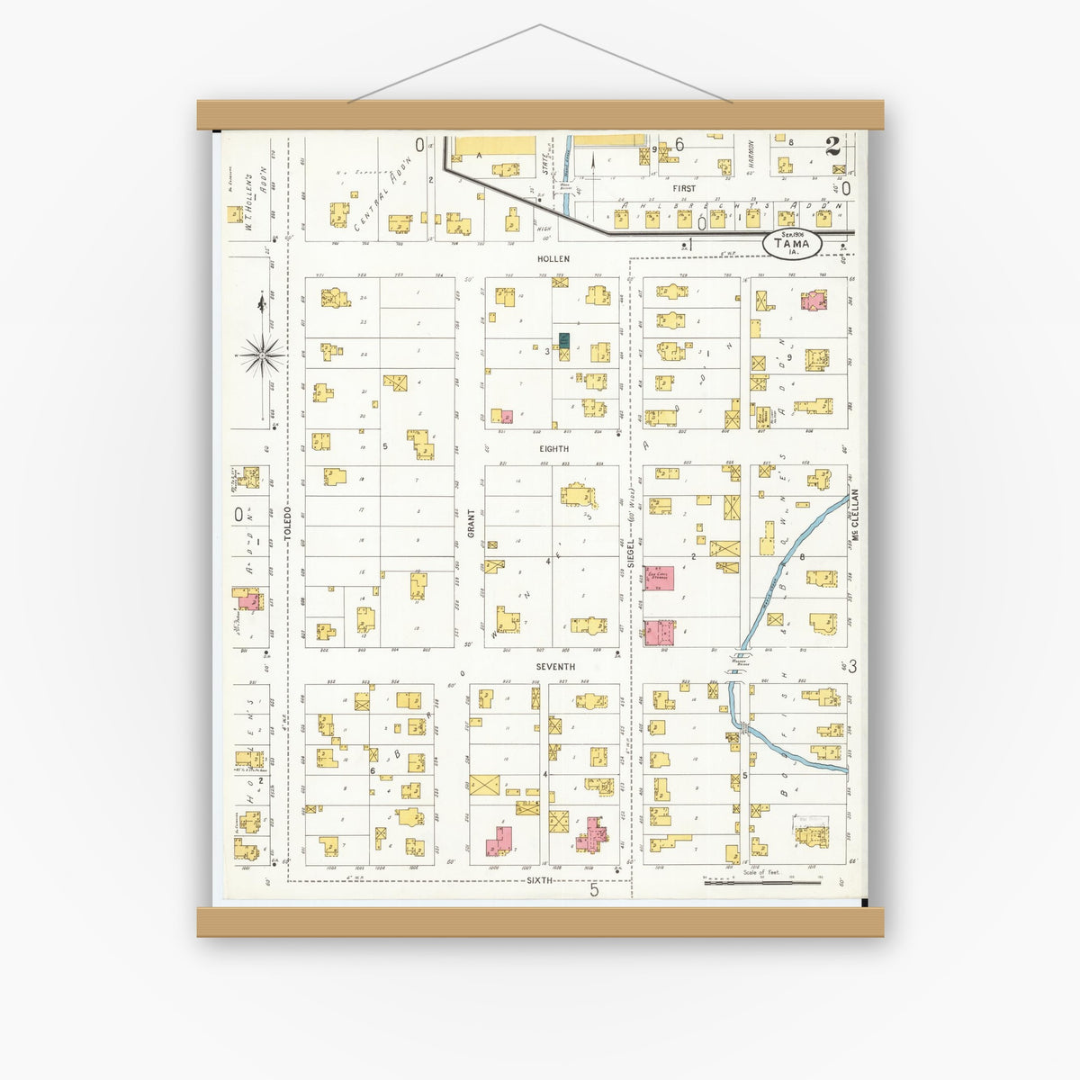 Old map wall art mockup — magnetic wood frame on white wall — Sanborn Fire Insurance Map from Tama, Tama County, Iowa (1906), Sheet #0002