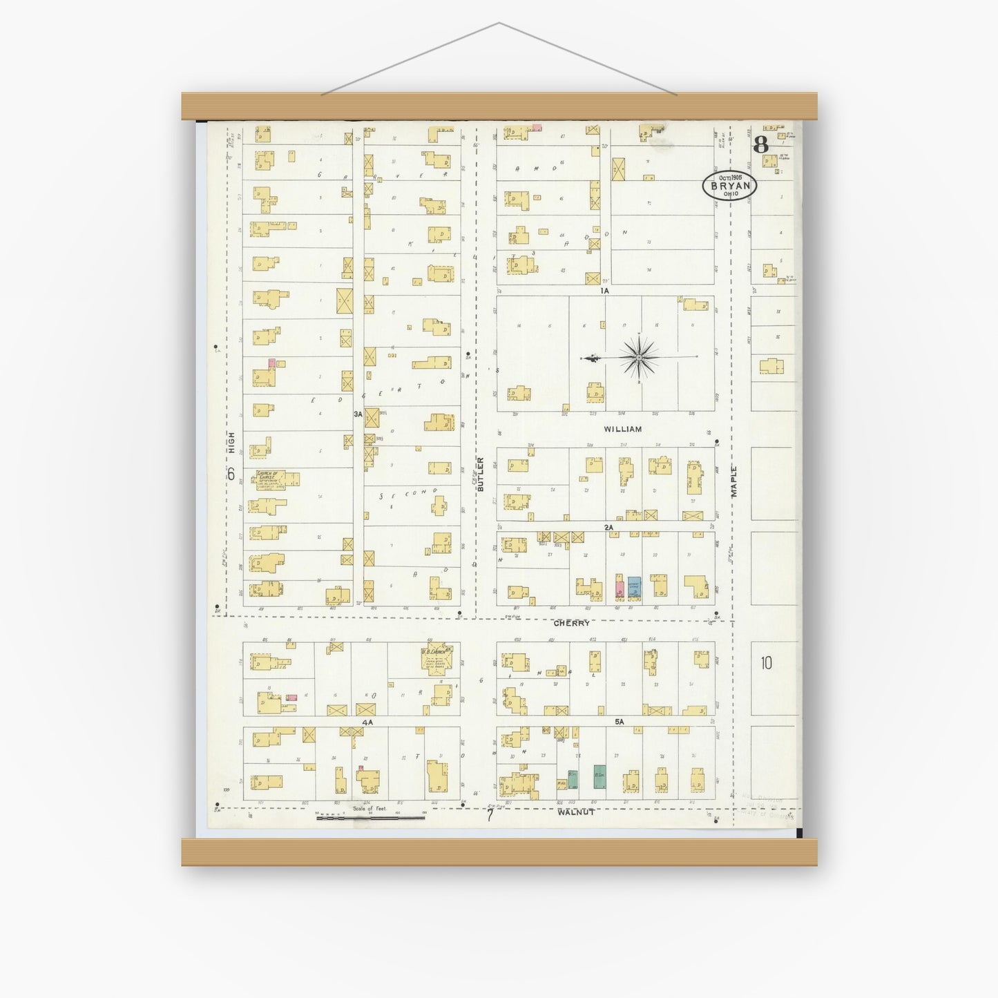 Old map wall art mockup — magnetic wood frame on white wall — Sanborn Fire Insurance Map from Bryan, Williams County, Ohio (1905), Sheet #0008