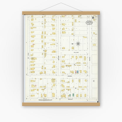 Old map wall art mockup — magnetic wood frame on white wall — Sanborn Fire Insurance Map from Bryan, Williams County, Ohio (1905), Sheet #0008