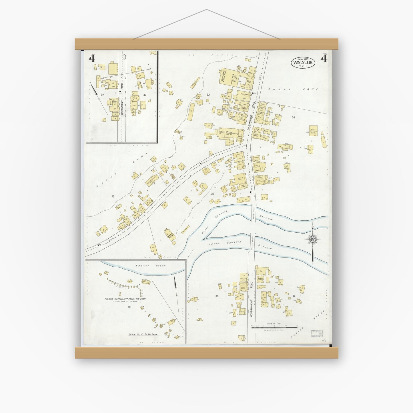 Old map wall art mockup — magnetic wood frame on white wall — Sanborn Fire Insurance Map from Waialua, Honolulu County, Hawaii (1927), Sheet #0004