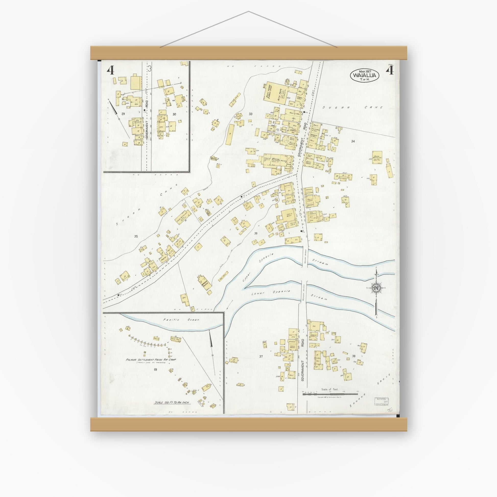 Old map wall art mockup — magnetic wood frame on white wall — Sanborn Fire Insurance Map from Waialua, Honolulu County, Hawaii (1927), Sheet #0004
