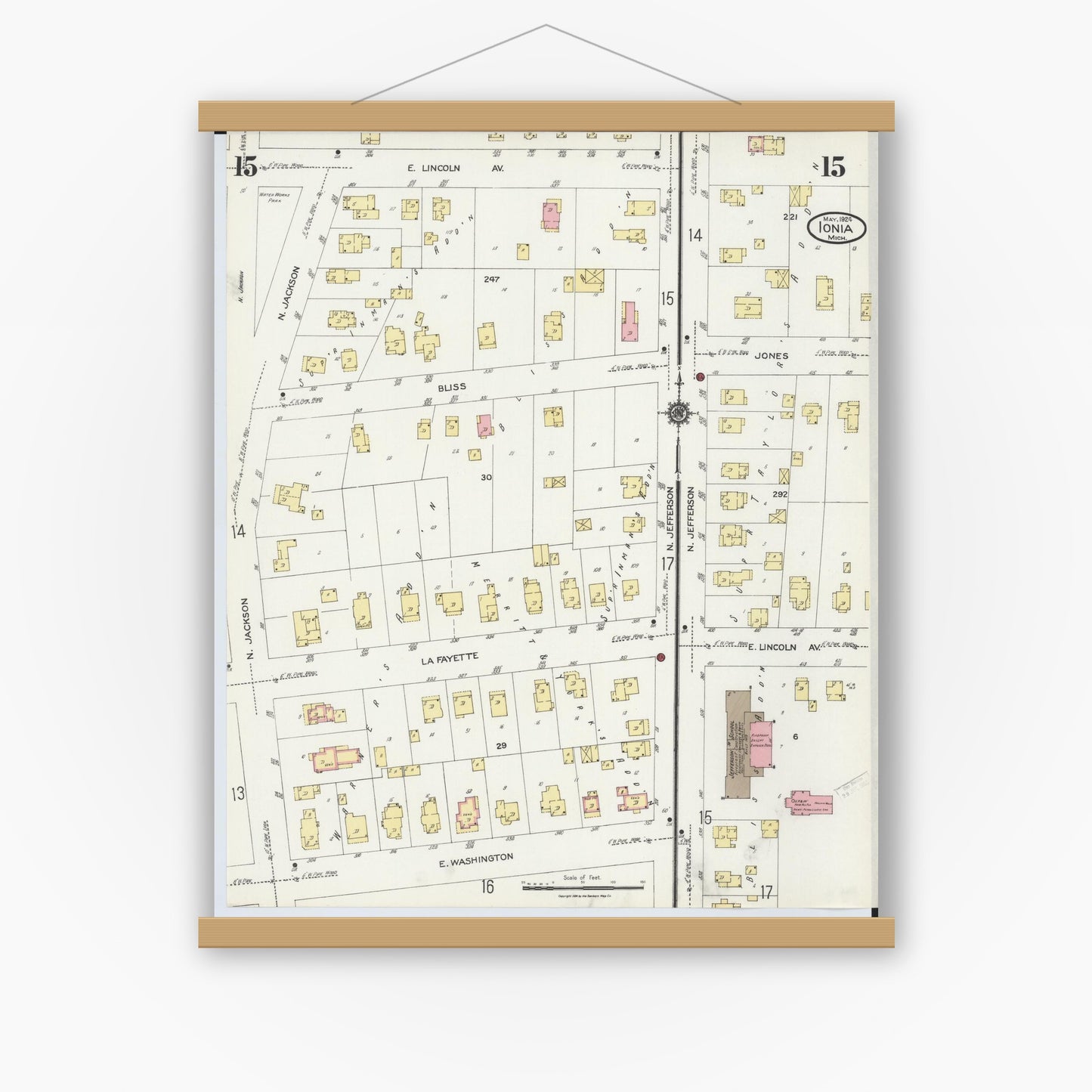 Old map wall art mockup — magnetic wood frame on white wall — Sanborn Fire Insurance Map from Ionia, Ionia County, Michigan (1924), Sheet #0015