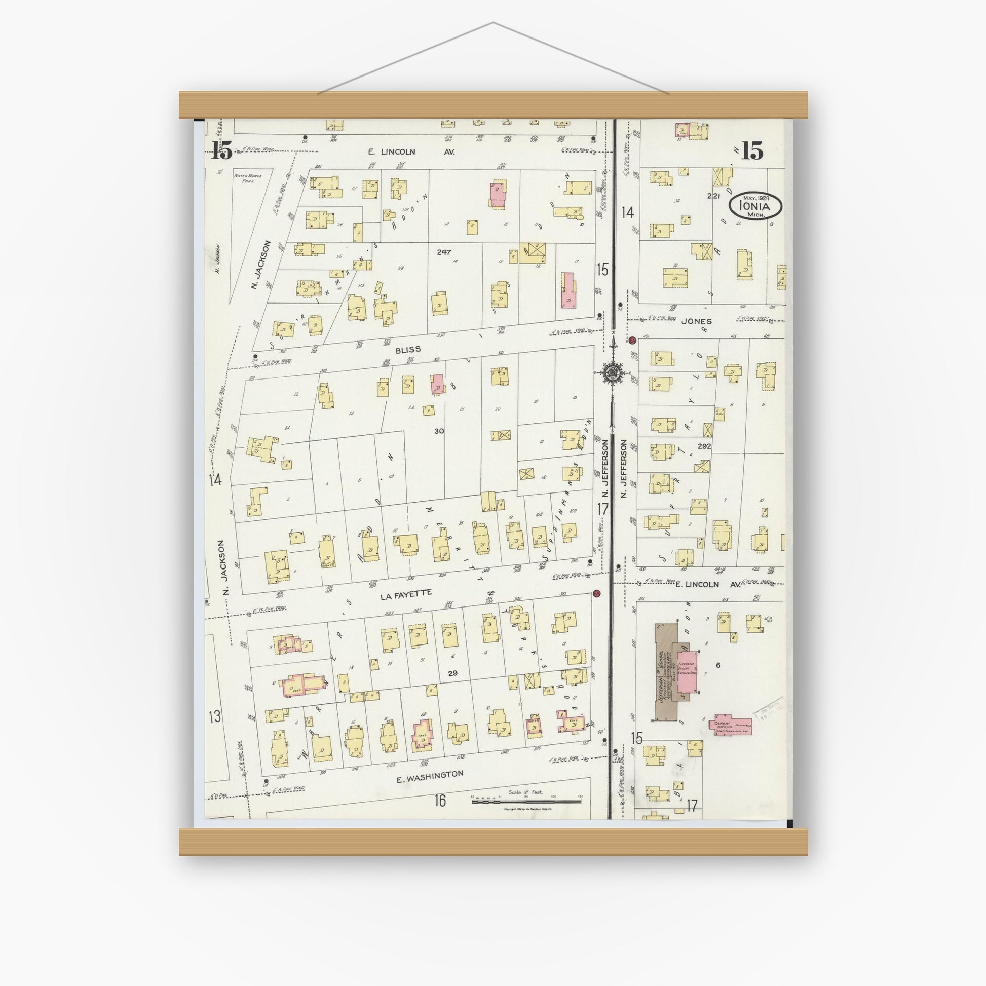 Old map wall art mockup — magnetic wood frame on white wall — Sanborn Fire Insurance Map from Ionia, Ionia County, Michigan (1924), Sheet #0015