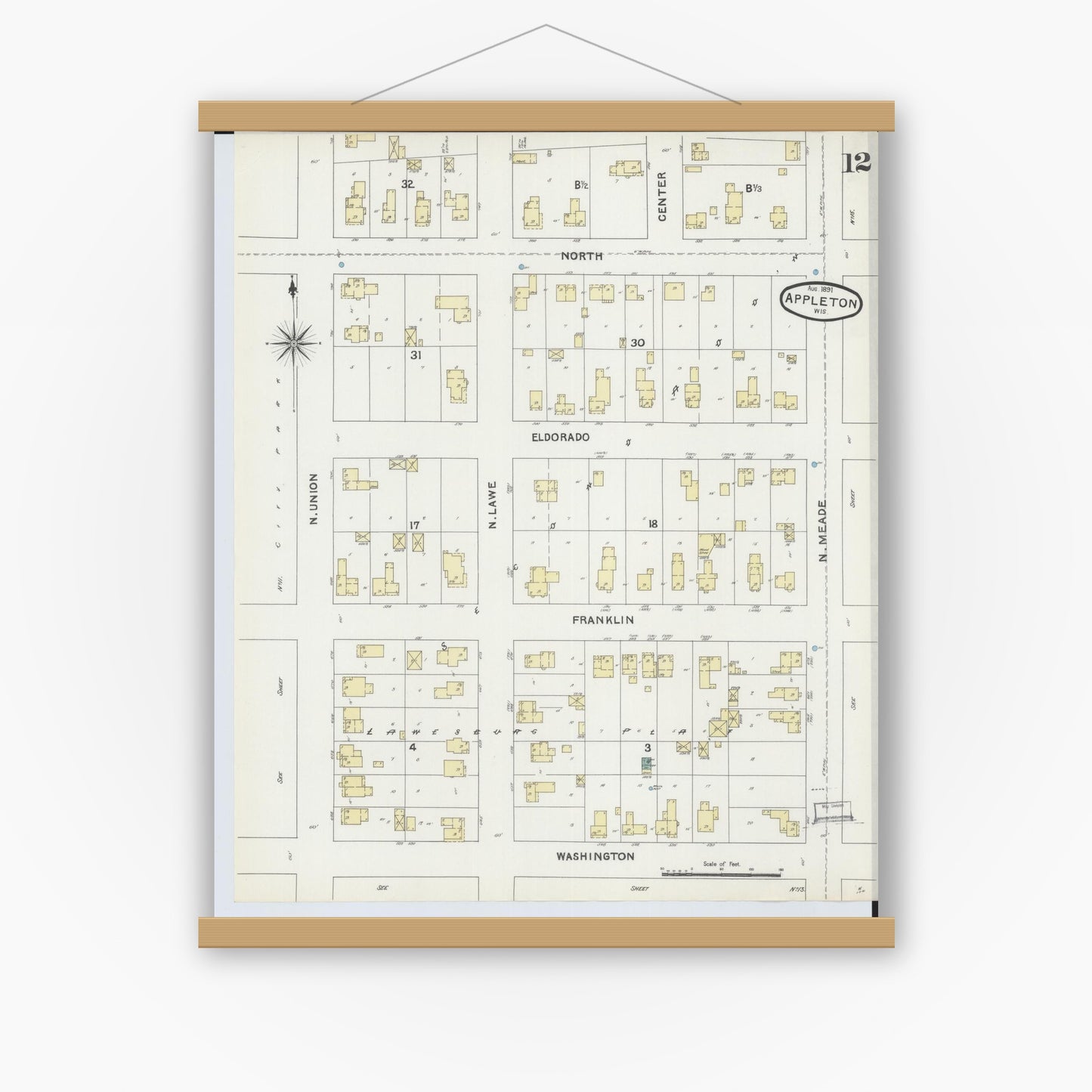 Old map wall art mockup — magnetic wood frame on white wall — Sanborn Fire Insurance Map from Appleton, Outagamie County, Wisconsin (1891), Sheet #0012