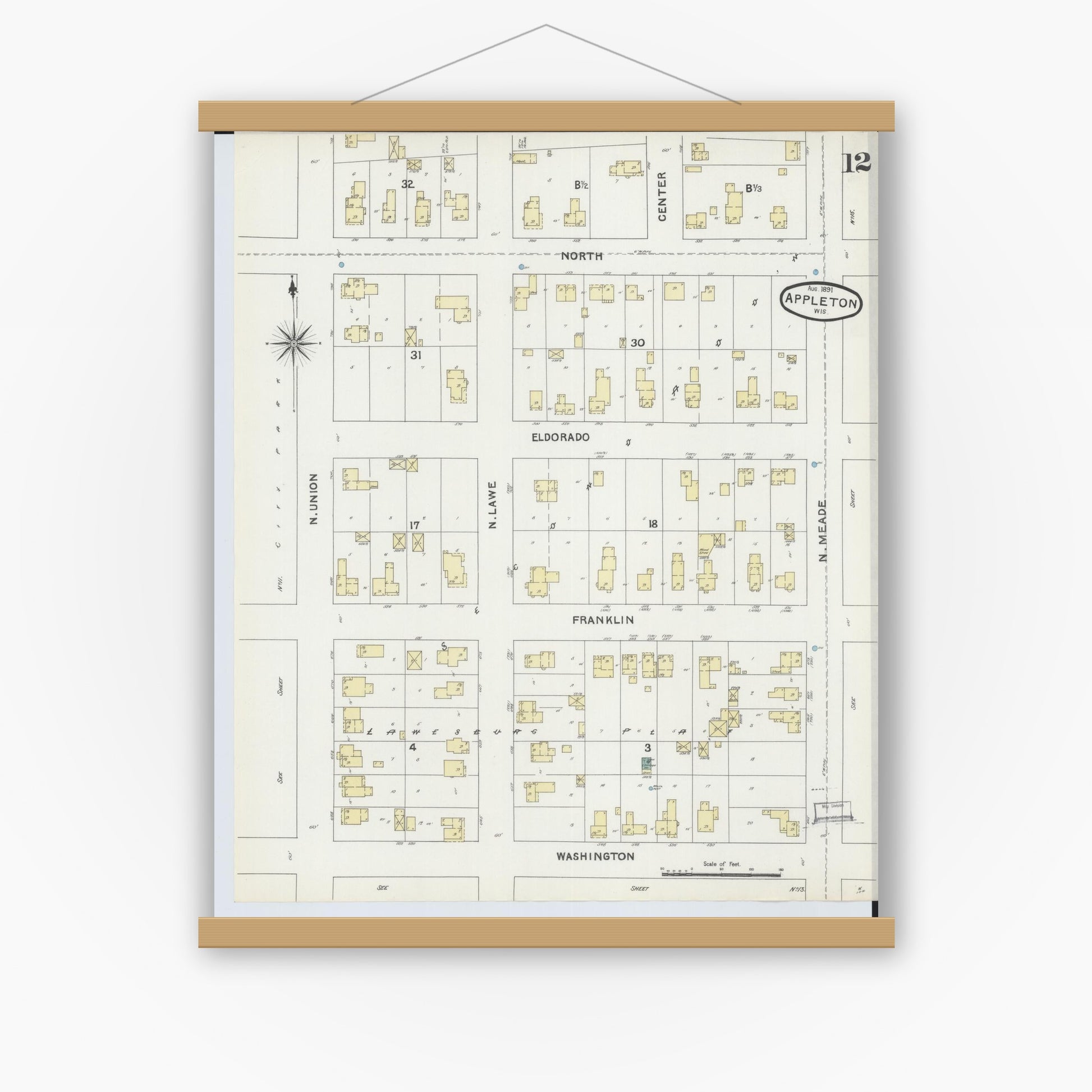Old map wall art mockup — magnetic wood frame on white wall — Sanborn Fire Insurance Map from Appleton, Outagamie County, Wisconsin (1891), Sheet #0012