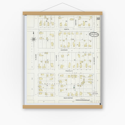 Old map wall art mockup — magnetic wood frame on white wall — Sanborn Fire Insurance Map from Appleton, Outagamie County, Wisconsin (1891), Sheet #0012