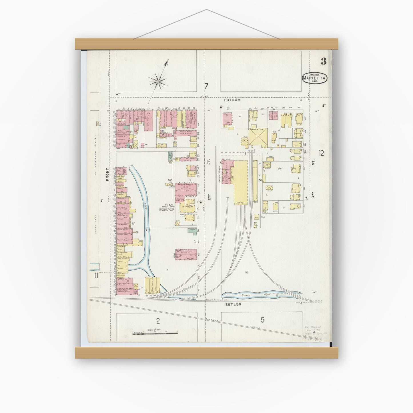 Old map wall art mockup — magnetic wood frame on white wall — Sanborn Fire Insurance Map from Marietta, Washington County, Ohio (1896), Sheet #0003