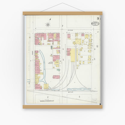 Old map wall art mockup — magnetic wood frame on white wall — Sanborn Fire Insurance Map from Marietta, Washington County, Ohio (1896), Sheet #0003