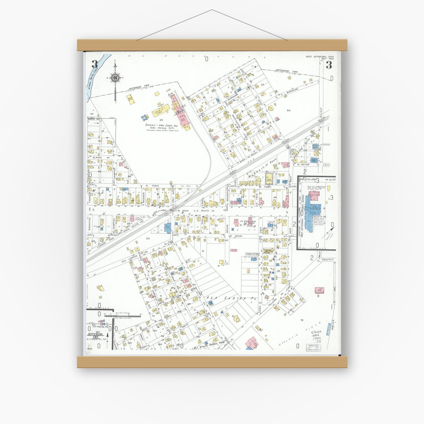 Old map wall art mockup — magnetic wood frame on white wall — Sanborn Fire Insurance Map from West Jefferson, Madison County, Ohio (1952), Sheet #0003