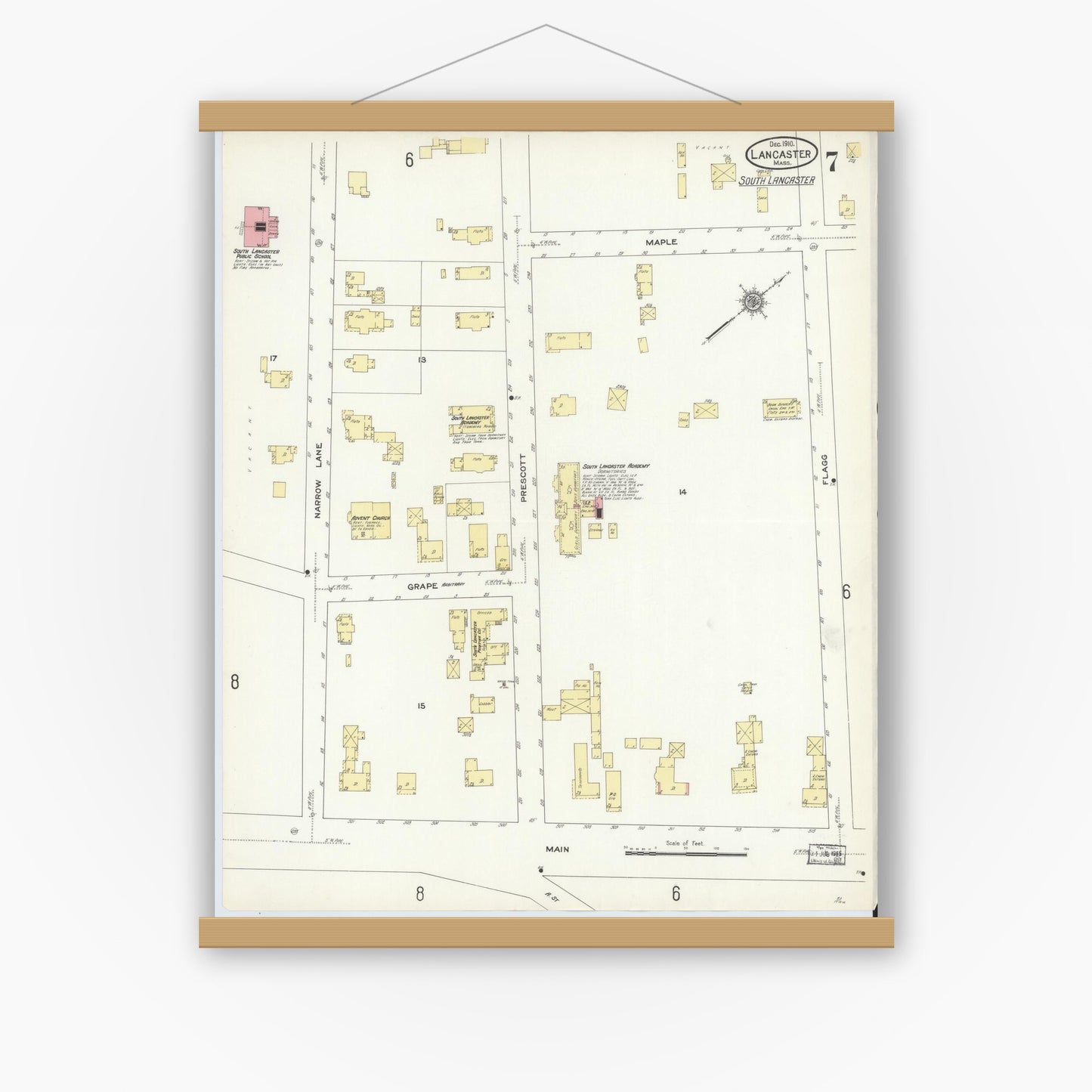 Old map wall art mockup — magnetic wood frame on white wall — Sanborn Fire Insurance Map from Lancaster, Worcester County, Massachusetts (1910), Sheet #0007