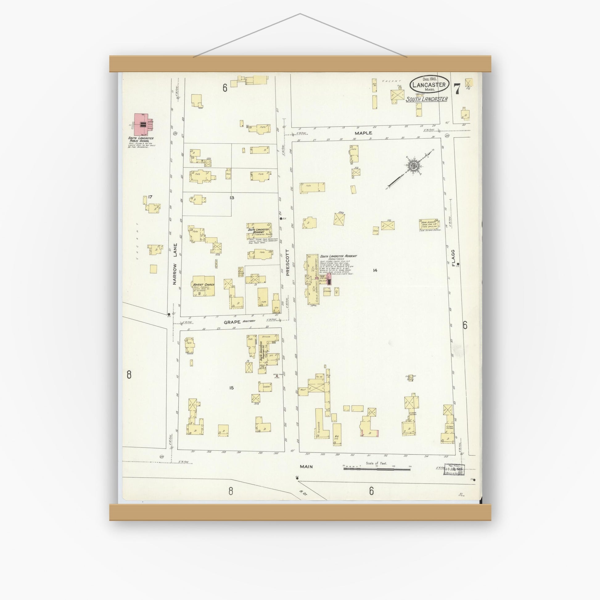 Old map wall art mockup — magnetic wood frame on white wall — Sanborn Fire Insurance Map from Lancaster, Worcester County, Massachusetts (1910), Sheet #0007
