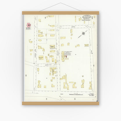 Old map wall art mockup — magnetic wood frame on white wall — Sanborn Fire Insurance Map from Lancaster, Worcester County, Massachusetts (1910), Sheet #0007