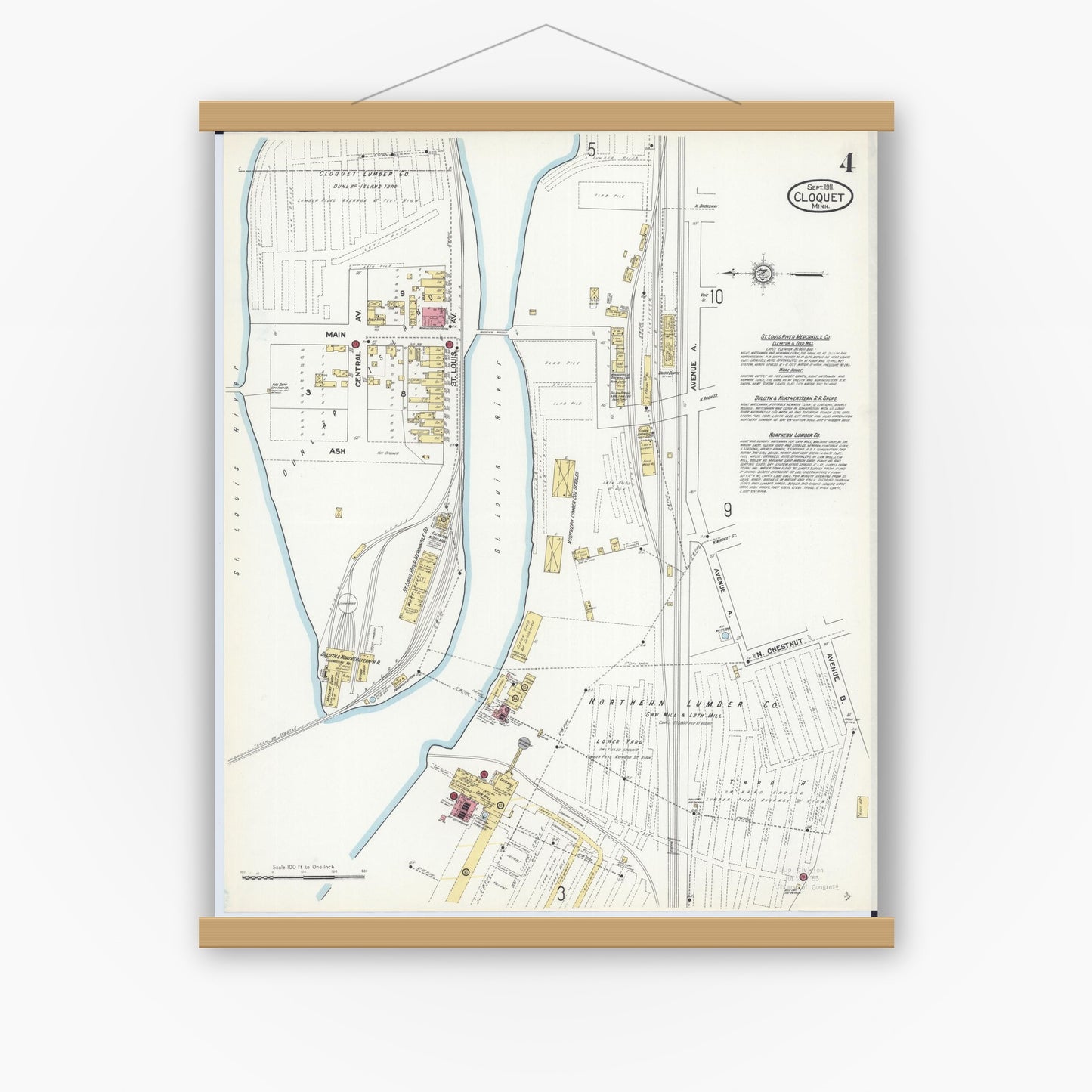 Old map wall art mockup — magnetic wood frame on white wall — Sanborn Fire Insurance Map from Cloquet, Carlton County, Minnesota (1911), Sheet #0004