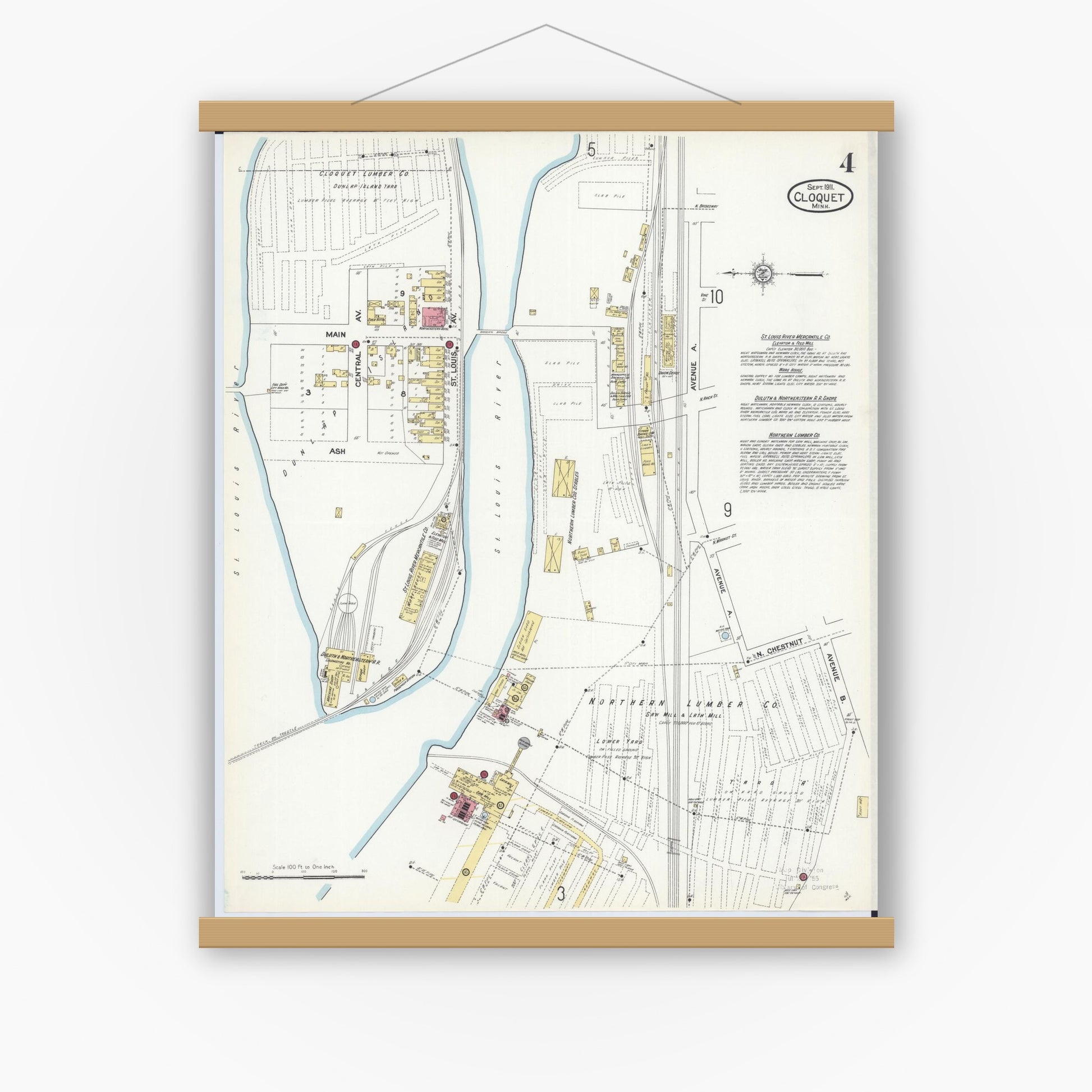 Old map wall art mockup — magnetic wood frame on white wall — Sanborn Fire Insurance Map from Cloquet, Carlton County, Minnesota (1911), Sheet #0004