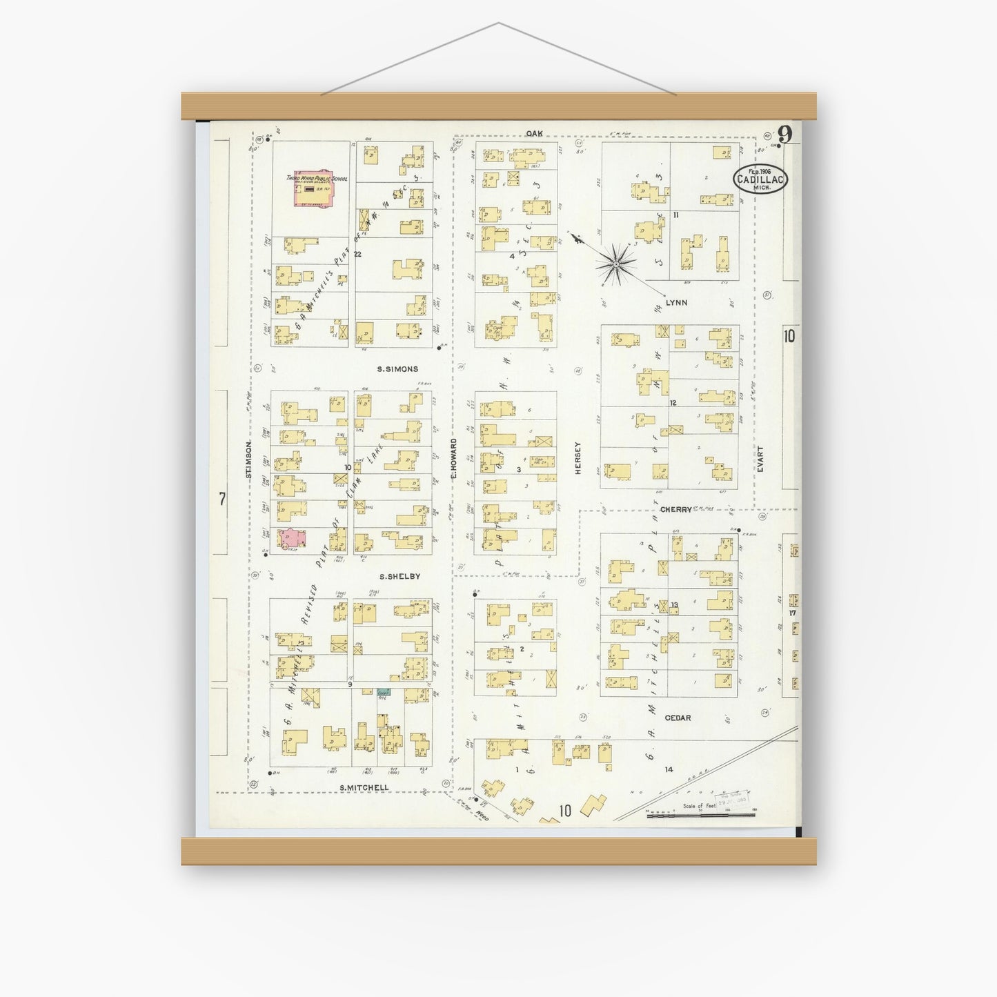 Old map wall art mockup — magnetic wood frame on white wall — Sanborn Fire Insurance Map from Cadillac, Wexford County, Michigan (1906), Sheet #0009