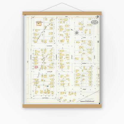 Old map wall art mockup — magnetic wood frame on white wall — Sanborn Fire Insurance Map from Cadillac, Wexford County, Michigan (1906), Sheet #0009