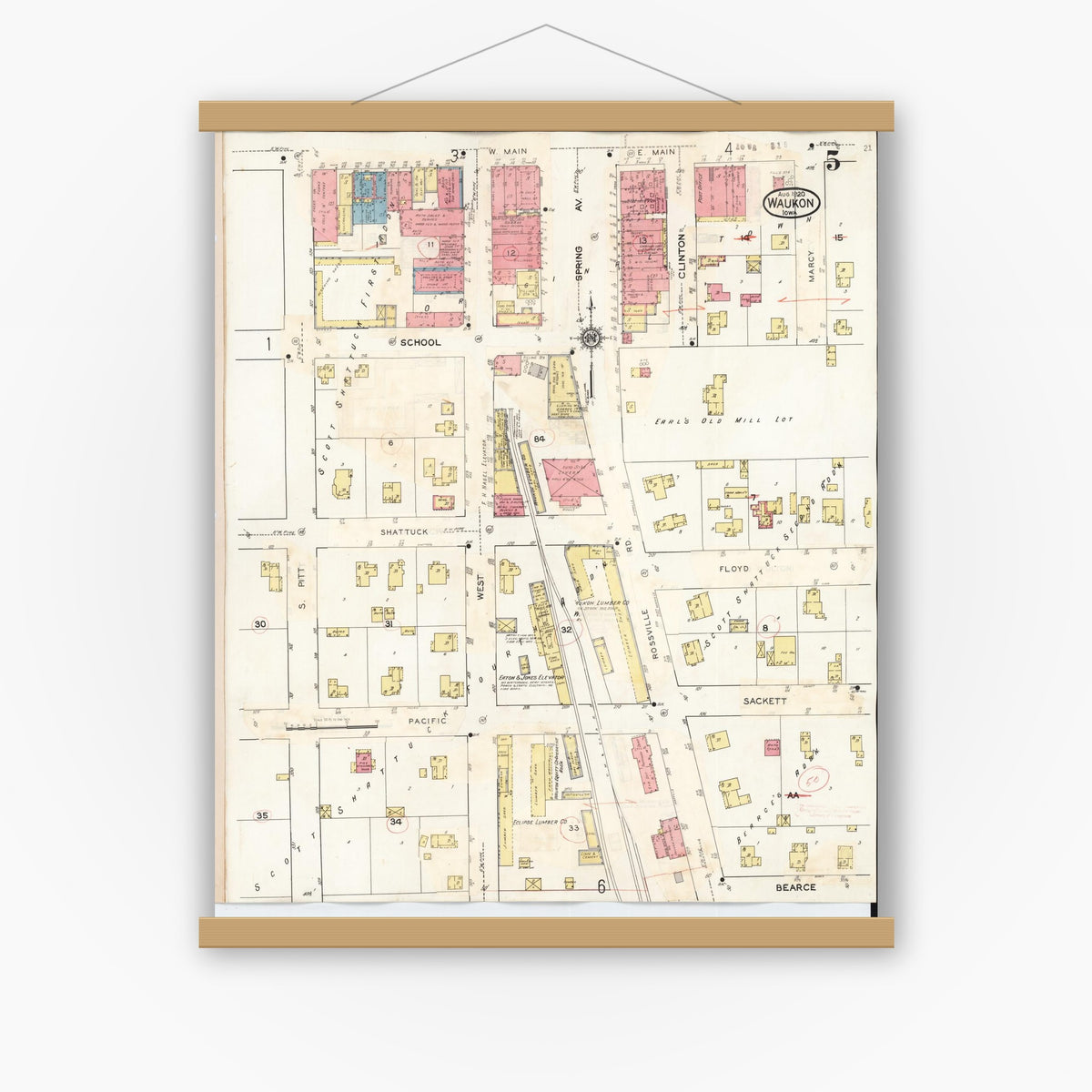 Old map wall art mockup — magnetic wood frame on white wall — Sanborn Fire Insurance Map from Waukon, Allamakee County, Iowa (1934), Sheet #0005