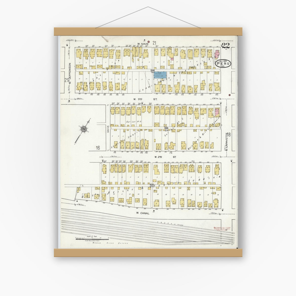 Old map wall art mockup — magnetic wood frame on white wall — Sanborn Fire Insurance Map from Peru, Miami County, Indiana (1920), Sheet #0022