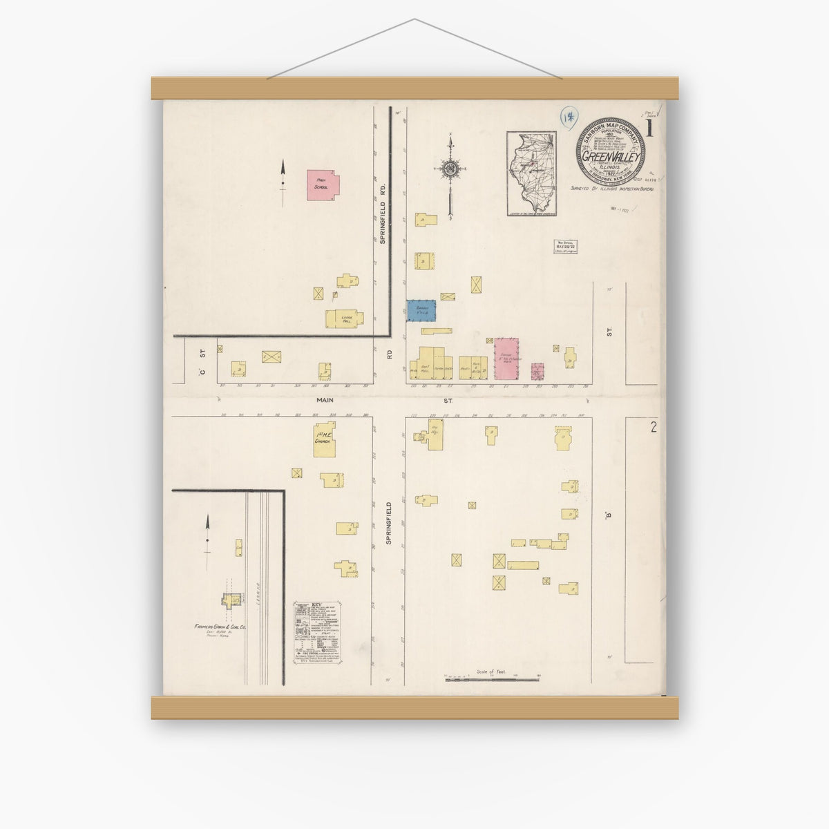 Old map wall art mockup — magnetic wood frame on white wall — Sanborn Fire Insurance Map from Green Valley, Tazewell County, Illinois (1922) - Complete Map Set