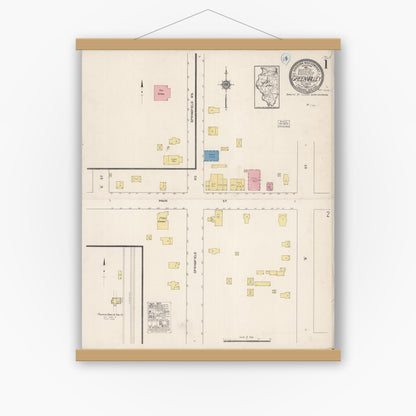 Old map wall art mockup — magnetic wood frame on white wall — Sanborn Fire Insurance Map from Green Valley, Tazewell County, Illinois (1922) - Complete Map Set